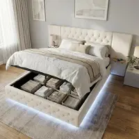 LVHOM Letto imbottito 140x200 cm con LED e USB, letto matrimoniale idraulico con ripiani, letto per ragazzi con rete a doghe, letto a molle insacchettate in velluto, beige