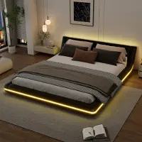 Flieks Letto imbottito 160x200cm con LED, letto matrimoniale letto giovanile con rete a doghe, letto classico letto in legno letto galleggiante letto da terra, PU, nero
