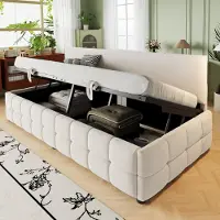 Flieks Divano letto idraulico 90x200cm con contenitore, daybed con schienale, letto imbottito per ragazzi con rete a doghe, velluto, beige