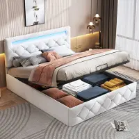 Fortuna Letto imbottito idraulico Lai 140x200cm con LED, letto contenitore con rete a doghe, letto per ragazzi letto matrimoniale a molle con contenitore, velluto, bianco