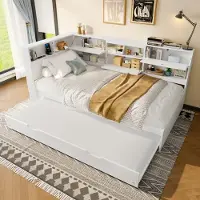 MODFU divano letto 90x200cm letto per ragazzi senza materasso, letto estraibile per bambini con contenitore e dotato di USB+Tipo C, bianco