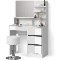Livinity Tavolo da toeletta Imola Bianco 90 cm con mensola con specchio e sgabello, Model 52435