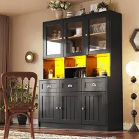 OKWISH Armadio alto, buffet, mobile da cucina con illuminazione LED variabile, vetrina Armadio da cucina con ripiani regolabili, nero