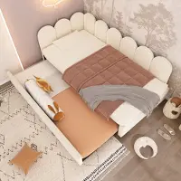 MODFU Letto imbottito, divano letto 90x200 cm, daybed con letto estraibile 90x190 cm, letto per ragazzi con rete a doghe, velluto, con materasso, beige