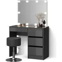 Livinity Tavolo da toeletta Imola Antracite con specchio, catena luminosa LED e sgabello, Model 52418