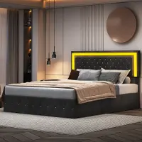 CDGlobal Letto imbottito con testata regolabile in altezza, letto matrimoniale contenitore con illuminazione LED e rete a doghe, velluto, 160x200cm