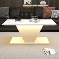 Ropilly Tavolino da caffè, dimensioni 100 x 50 x 46 cm, realizzato in pannello di particelle di legno al 100%, colore bianco, forma a V, piano del tavolo in finitura lucida, con illuminazione a LED