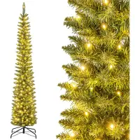 Costway Albero di Natale artificiale da 210 cm con 200 LED bianchi caldi, albero di Natale a matita, albero di Natale stretto, albero di Natale artificiale verde