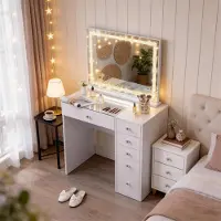 Vanitii Tavolino da trucco con specchio, illuminazione LED, Bluetooth, 6 cassetti, bianco, 92 x 55 x 139 cm