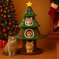 COMHOMA tiragraffi alto 135 cm, design albero di Natale, albero per gatti a più piani con casetta per gatti, con tiragraffi e palla da gioco Stabile albero da arrampicata per gatti