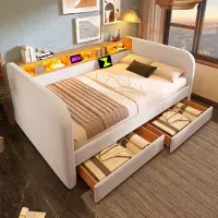 Flieks letto imbottito divano letto 140x190cm con funzione di ricarica (USB e tipo c), letto matrimoniale con LED e 2 cassetti, biancheria funzionale, beige