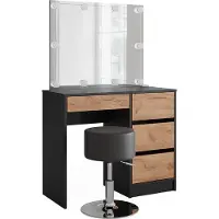 Vicco Tavolo da toilette Sherry Antracite/Rovere dorato 90 x 140 cm con specchio, catena luminosa LED e sgabello, Model 52033