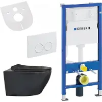 BELVIT Set WC da parete senza brida, nero opaco, con sedile WC Softclose e elemento da incasso Geberit UP100 in Vetroceramica