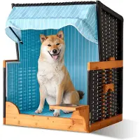 Relaxdays Cestino da spiaggia per cani, rattan, con ciotola, poltroncina per cani con tettuccio, LxPxA: 95x75x65 cm, giardino e terrazza, legno, azzurro