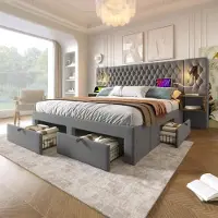 Flieks Letto imbottito 180x200cm con USB e lampada da lettura, letto matrimoniale contenitore con comodino e 4 cassetti, letto funzionale in legno, velluto, grigio