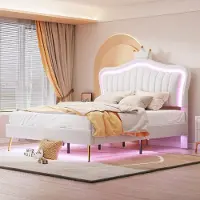 MODFU Letto imbottito 140x200cm con testata a e LED, testata regolabile in altezza e rete a doghe, letto per ragazzi letto per bambini letto matrimoniale in Pelle finta (senza materasso)