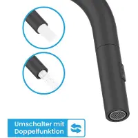 Bächlein Rubinetto da cucina girevole a 360 gradi colore nero opaco - miscelatore monocomando per lavello con tubo estraibile e spruzzo con pulsante di commutazione, rubinetto da cucina