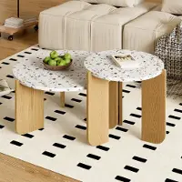 MODFU tavolino da salotto tavolo rotondo set di 2 per soggiorno, camera da letto balcone, tavolino da caffè tavolino da divano con struttura in legno, bianco + legno colore