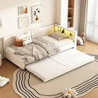 OKWISH divano letto 90×200 letto per ragazzi con materasso e letto estraibile, USB+tipo C, letto per ragazzi con contenitore letto da giorno con luce LED telecomandata, beige