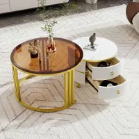 MODFU Set di 2 tavolini , tavolino rotondo MDF 2 in 1 con 2 cassetti, tavolino con piano in vetro temperato, bianco/marrone