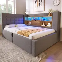 OKWISH Divano letto a L 90x200 letto singolo con illuminazione a LED e vani a giorno sulla parete posteriore, letto diurno per ragazzi con rete, grigio (senza materasso)