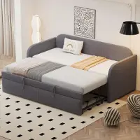 MODFU Divano letto divano letto 90/180x190 cm con griglia a doghe, letto in legno letto da giorno letto per bambini, tessuto di lino grigio (senza materasso)