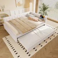 MODFU Divano letto 140x200, lettino per bambini con letto estraibile e lampada da comodino, divano letto con porta USB e Type-C, struttura letto con rete a doghe, senza materasso, bianco