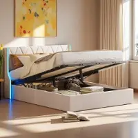 UnboxG Letto imbottito 140x200cm, letto a molle idrauliche con LED, letto contenitore per ragazzi con rete a doghe, letto matrimoniale in legno, beige