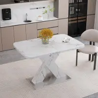 OKWISH Tavolo da pranzo moderno tavolo da soggiorno rettangolare, tavolo laterale allungabile con piano in marmo e gambe a X in MDF, tavolo con struttura in metallo, bianco