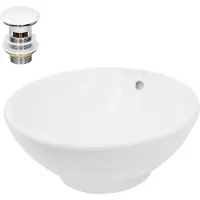 LuxeBath Lavabo Lavabo da appoggio rotondo, Ø 42x17 cm, bianco, in Vetroceramica, incl. set di scarico senza troppopieno