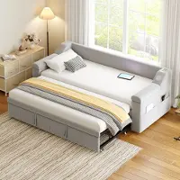 MODFU Letto pieghevole, 90/180 x 190 cm, letto imbottito con vani portaoggetti e rete, letto matrimoniale con letto estraibile e caricatore USB, senza materasso, grigio chiaro