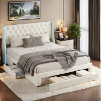 UnboxG Letto imbottito 140 x 200 con illuminazione LED, testata con contenitore, letto matrimoniale Struttura letto con rete a doghe e cassetti (beige, 140 x 200 cm)