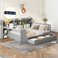STILVORA Divano letto 140×200 cm con contenitore, letto per ragazzi con mensole, presa elettrica e scrivania, letto per bambini in legno, grigio (senza materasso)