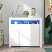 OKWISH Comò Credenza da soggiorno Credenza Mobile contenitore Laccato lucido con illuminazione a LED, Mobile da cucina moderno in legno bianco