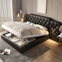 LVHOM Letto imbottito 160x200cm con lampade da lettura e USB, letto a molle idrauliche con rete, letto matrimoniale in Pelle finta, letto funzionale, nero