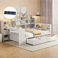 STILVORA Divano letto 90×200 cm con contenitore, letto per ragazzi con mensole, presa elettrica e scrivania, letto per bambini in legno, bianco (senza materasso)