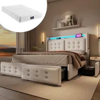 OKWISH Letto matrimoniale imbottito 160 x 200 cm con caricatore USB e illuminazione a LED, letto funzionale con contenitore e 4 cassetti (con materasso) - Beige