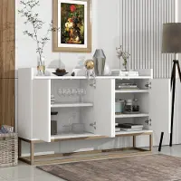 MODFU Armadio da cucina con 4 ante e ripiani regolabili, mobili da soggiorno in legno massello, cassettiera con telaio in metallo dorato, 1203080 cm, bianco