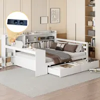 STILVORA Divano letto 140×200 cm con contenitore, letto per ragazzi con mensole, presa di corrente e scrivania, letto per bambini in legno, bianco (senza materasso)