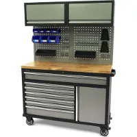 HBM banco da lavoro mobile 136 cm con 7 cassetti, porta e parete con armadi, accessori inclusi, grigio