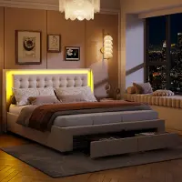 UnboxG Letto imbottito 180x200cm con LED, letto per ragazzi letto matrimoniale con rete a doghe e 2 cassetti, letto funzionale letto matrimoniale con rete a doghe e rivestimento in velluto in beige
