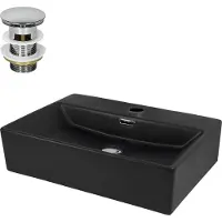 LuxeBath Lavabo Lavabo da appoggio Square, 51,5x36x13 cm, nero, in Vetroceramica, incl. set di scarico con troppopieno