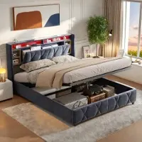 UnboxG Letto imbottito 160x200cm con funzione di ricarica (USB e presa), letto a molle insacchettate con spazio di archiviazione, letto giovanile matrimoniale con LED, velluto, grigio
