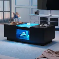 OKWISH Tavolino rettangolare, LED high gloss, tavolino con vetratura, 2 cassetti e 1 ripiano aperto, per camera da letto e soggiorno, tavolino con portaoggetti, App control LED, nero