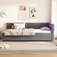 STILVORA Divano letto Letto imbottito 90×200 con USB+Tipo C, letto per bambini con contenitore, letto da giorno allungabile con luce LED telecomandata, senza materasso
