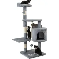 OEM Tiragraffi per gatti - 2 palline di peluche, corda per giocare, altezza 112 cm, corda in sisal, comodo luogo di riposo e grotta, adatto a gatti piccoli e grandi, grigio chiaro