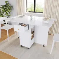 Flieks Tavolo da pranzo pieghevole con vano portaoggetti aperto, 2 cassetti, rotelle con freno, piano di lavoro da cucina mobile 120x75x75 cm, per 2-4 persone, bianco