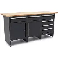 HBM banco da lavoro 171 cm con 6 cassetti e 2 ante, piano di lavoro in legno massello, nero