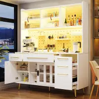 STILVORA Mobile contenitore laterale con illuminazione a LED, armadietto alto con pannello forato, cassetto e porta in vetro, ideale per cucina e soggiorno, mobile contenitore bianco