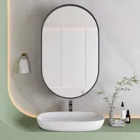 OKWISH Armadietto ovale a specchio, armadietto da bagno a parete con struttura in metallo, specchio e ripiani regolabili, armadietto per medicinali con portaoggetti, nero